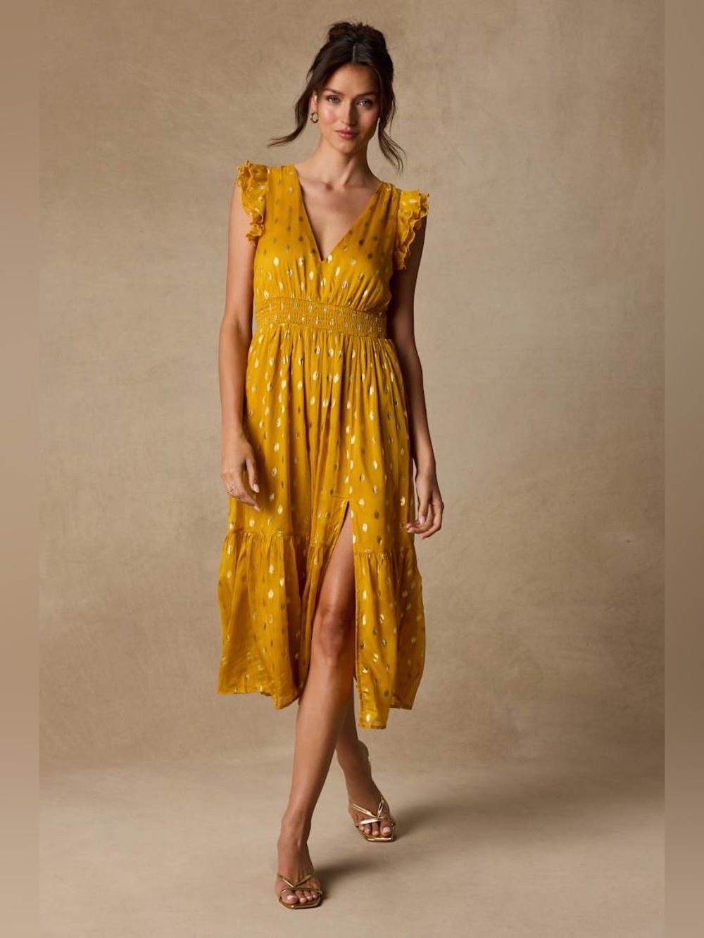 ☀️ LULUs Cause to Celebrate Yellow and Gold Dot Ruffled Tiered Midi Dress MEDIUM